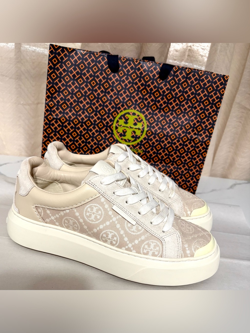 Tory Burch Cream Logo Jacquard Platform Sneakers